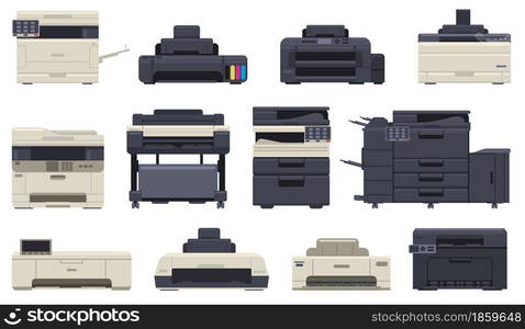 Office professional equipment printer scanner machines. Technology office, inkjet printer, vector illustration set. Digital printing machine. Professional scanner and copier, printer and photocopier. Office professional equipment printer scanner copier machines. Technology office devices, inkjet printer, copier vector illustration set. Digital printing machine