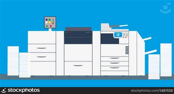 office professional multi function printer and scanner,copy machine or photocopier with paper stacks,flat vector illustration. office professional multi function printer and scanner,