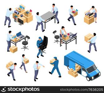 Office relocation isometric set with moving company furniture equipment packing documents loading boxes into van vector illustration