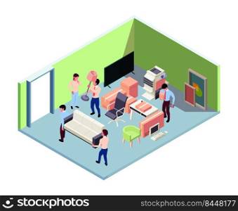 Office relocation. Managers moves and unpacking cardboards and packages from office interior shipment garish vector isometric illustration. Relocation office business. Office relocation. Managers moves and unpacking cardboards and packages from office interior shipment garish vector isometric illustration