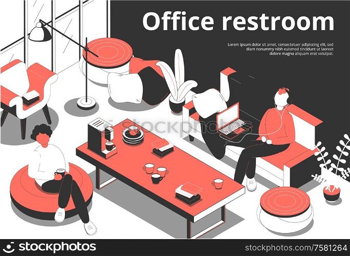 Office restroom isometric background composition with editable text and indoor view of break room with people vector illustration