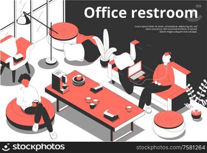 Office restroom isometric background composition with editable text and indoor view of break room with people vector illustration