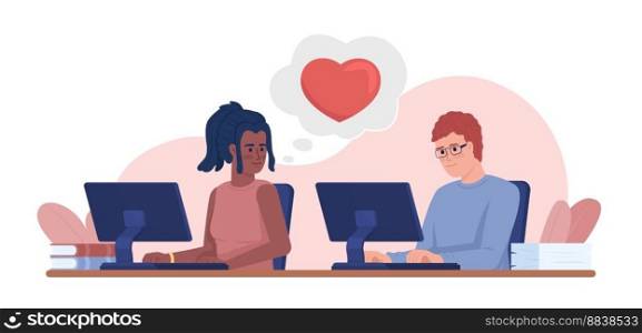 Office romance 2D vector isolated illustration. Young female employee falling in love with colleague flat characters on cartoon background. Colorful editable scene for mobile, website, presentation. Office romance 2D vector isolated illustration