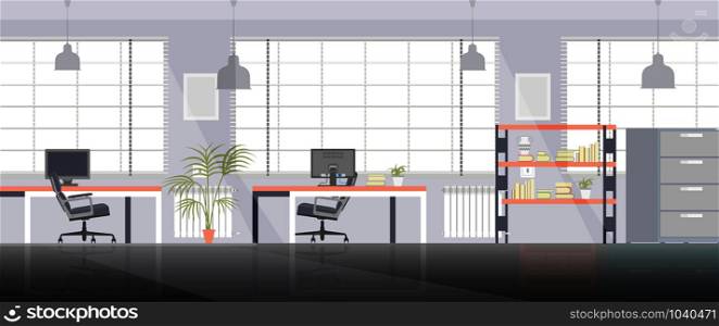 Office room space work vector flat business interior illustration with chair and computer. Modern desk table furniture workplace concept background cartoon. Job style coworking cabinet banner creative