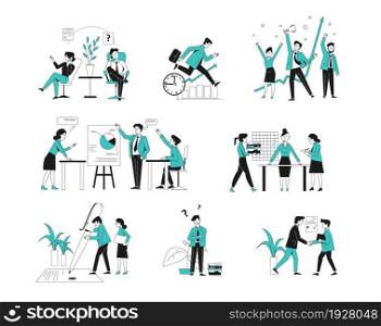 Office scenes. Business management, guy at work. Planner working process, start up development and effective job. Managers recent vector set. Illustration of business office characters. Office scenes. Business management, guy at work. Planner working process, start up development and effective job. Managers recent vector set