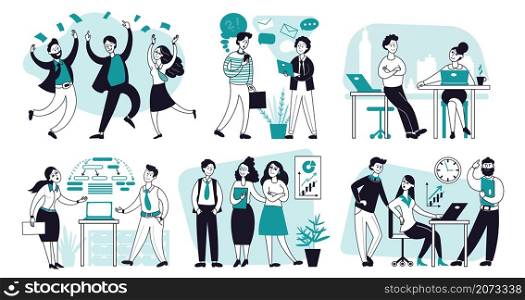 Office scenes. Business people characters, outline woman presenting project. Cartoon person communication, research or meetings decent vector set. Illustration office character communication. Office scenes. Business people characters, outline woman presenting project. Cartoon person communication, research or meetings decent vector set