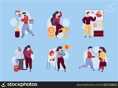 Office scenes. Managers and business characters at job working dialogue people communication garish vector stylized person. job and work, person management corporate illustration. Office scenes. Managers and business characters at job working dialogue people communication garish vector stylized person