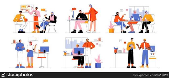 Office scenes with business people at their work space, meeting at coffee break, disputing. Colleagues communicate sitting at desk discussing projects and plans, Line art flat vector illustration, set. Office scenes with business people at work space