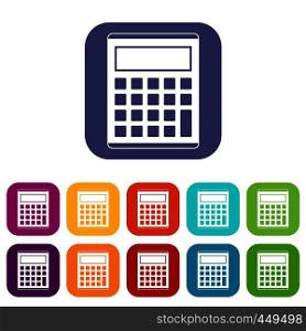 Office, school electronic calculator icons set vector illustration in flat style In colors red, blue, green and other. Office, school electronic calculator icons set