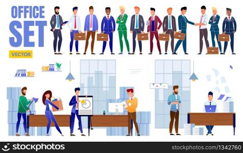 Office Set Vector, Employees Collection, Slide. Girl Carries Big Box with Office Supplies. Guy Presents Chart. Man Directs Table Lamp Office. Lot Men Suits and Ties with Briefcases their Hands.