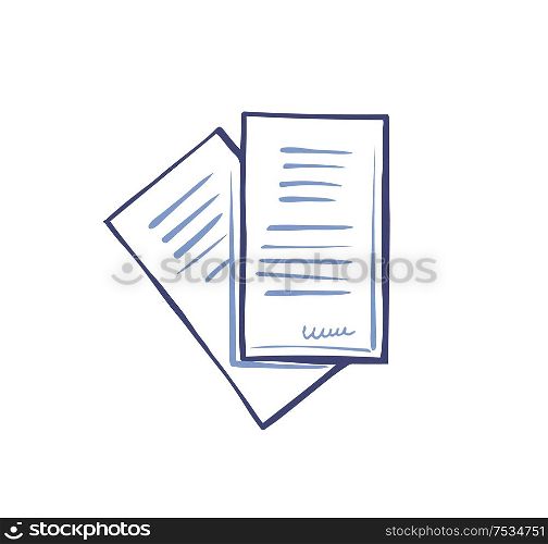 Office sheet of paper documentation set of icon vector. Text and information on pages, published data and signature of person below. Articles and info. Office Paper Documentation Set of Icons Vector
