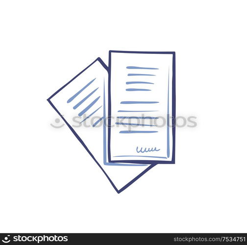 Office sheet of paper documentation set of icon vector. Text and information on pages, published data and signature of person below. Articles and info. Office Paper Documentation Set of Icons Vector