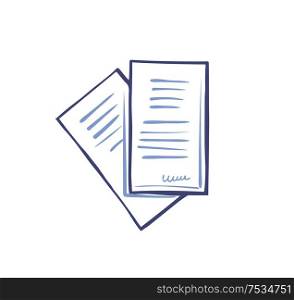 Office sheet of paper documentation set of icon vector. Text and information on pages, published data and signature of person below. Articles and info. Office Paper Documentation Set of Icons Vector