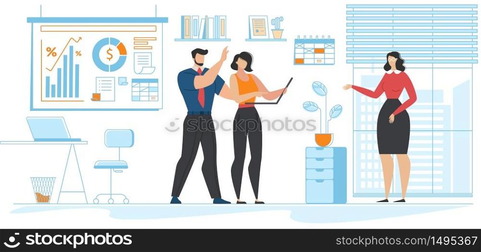 Office Situation and Coworkers Community Cartoon. Man and Woman Colleagues Reporting, Sharing Business Ideas to Female Main Manager or Boss Chief. Workplace Interior. Vector Flat Illustration. Office Situation and Coworkers Community Cartoon