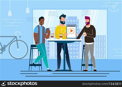 Office Situation Coffee Break Vector Illustration. Businessman on Break Drink Coffee and Show Presentation on Electronic Devices. Creative Company Colleagues Discussion and Brainstorming.