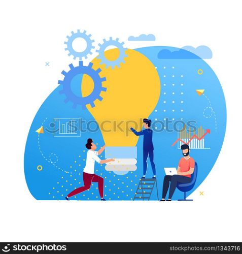 Office Situation Support for Ideas Cartoon Flat. Personal Effectiveness Lies in Proper Allocation Time. Guys Hold Big Incandescent Bulb. Man Sitting at Table with Laptop. Vector Illustration.
