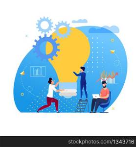 Office Situation Support for Ideas Cartoon Flat. Personal Effectiveness Lies in Proper Allocation Time. Guys Hold Big Incandescent Bulb. Man Sitting at Table with Laptop. Vector Illustration.