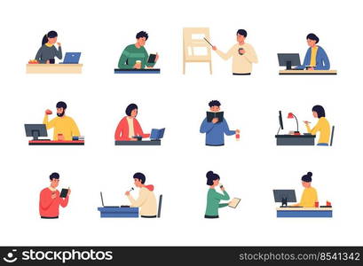 Office snack. Cartoon men and women eating at work in front of laptop and computer, office lunch and remote work disadvantage. Vector illustration of characters have lunch. Office character and snack. Office snack. Cartoon men and women eating at work in front of laptop and computer, office lunch and remote work disadvantage. Vector illustration of characters have lunch