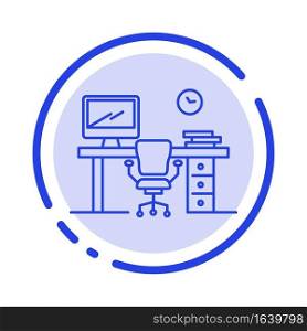Office, Space, Chair, Office Table, Room Blue Dotted Line Line Icon