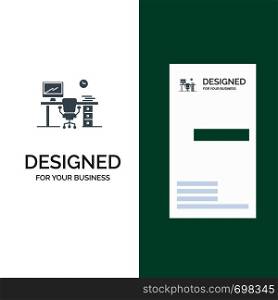 Office, Space, Chair, Office Table, Room Grey Logo Design and Business Card Template