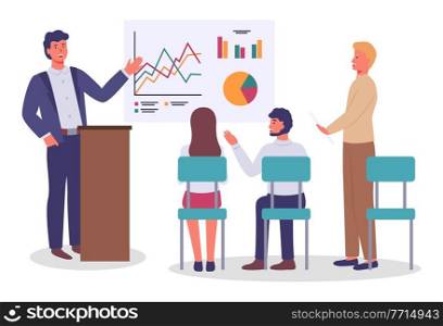 Office staff, employees. Annual report, graphs, charts. Man holds business presentation, pointing to whiteboard with analytics. Listeners are sitting on chairs. Man standing with document. Flat image. Office staff, employees. Business man gives presentation to students. Annual Report, Charts, diagram