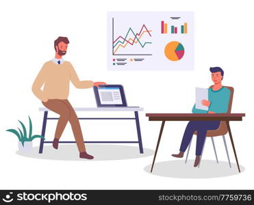 Office staff, employees. Boss and subordinate. Confident man sitting on desk with hand in pocket. Table with laptop. Man sits at table holds document. Graphs, pie and bar charts on white board. Business people, man holding laptop, guy reading document. Board with analytical data. Flat image