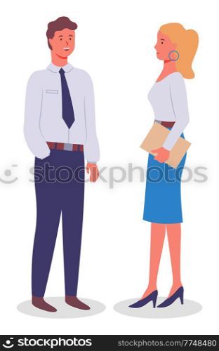 Office staff, employees. Business partners isolated on white. Friendly man standing in blue trousers, beautiful blond woman standing in blue skirt with folder. Young people talking and smiling. Office staff, employees, partners stand and communicate. Man and woman in formal suits. Flat image