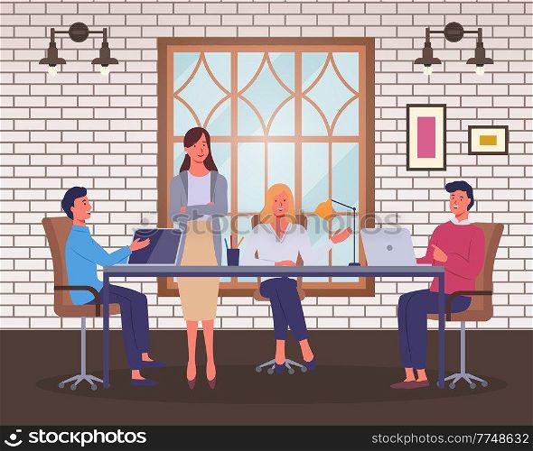Office staff, employees, negotiations. Business people are sitting at table, using laptops, negotiating. Confident woman stands with her arms crossed over chest. Office room, window, lamps. Flat image. Business people are sitting at negotiating table. Men with laptops, woman says, listeners