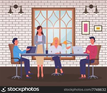 Office staff, employees, negotiations. Business people are sitting at table, using laptops, negotiating. Confident woman stands with her arms crossed over chest. Office room, window, lamps. Flat image. Business people are sitting at negotiating table. Men with laptops, woman says, listeners