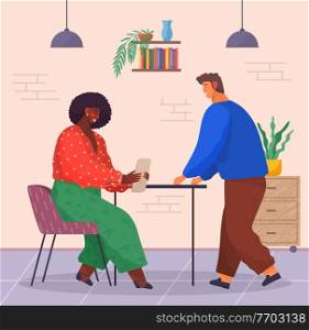 Office staff, partnership. Dark-skinned woman wears sweater, pants sits in chair with tablet. Young man in sweater and pants leaned on table. Modern office building, brick walls, plant, folders. Dark-skinned woman sits, reads sth on tablet. Man stands and waits. People in office. Office workers