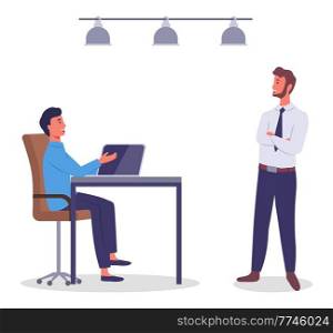 Office staff work and communicate. Office employee. Guy standing, arms crossed, guy is sitting at desk, using laptop. Table, device, ceiling lighting, people isolated on white. Flat image on white. Office staff, employees, working relationships, communication, man uses laptop, guy standing