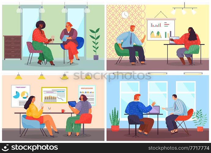 Office staff, work and communication. Head and subordinates. Various workers, managers team. Top managers employees of different levels. Office workers. Co-workers. Colleagues discuss project teamwork. Office workers. Co-workers. Colleagues discuss project teamwork. Office staff work and communication