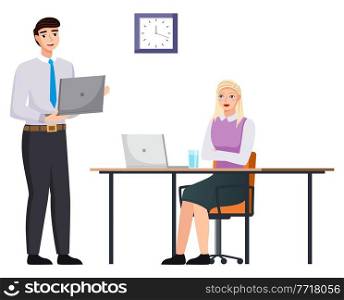 Office staff, work and communication. Head and subordinates. Various workers, managers team. Business employees on their workspace. Office workers. Co-workers. Colleagues discuss project teamwork. Office workers. Co-workers. Colleagues discuss project teamwork. Office staff work and communication