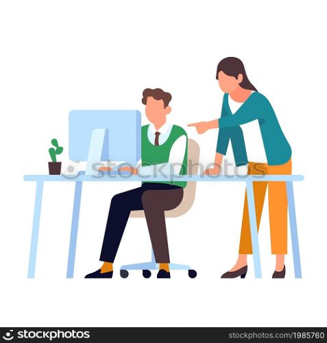 Office staff work. Business people brainstorming. Effective teamwork. Man sits at computer table. Woman helps and gives advice to colleague. Workers cooperation. Employees activities. Vector concept. Office staff work. People brainstorming. Effective teamwork. Man sits at computer table. Woman helps and gives advice to colleague. Workers cooperation. Vector employees activities