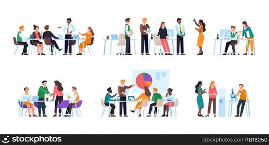 Office staff work. Business people planning strategy, conduct briefings, discussion and meeting, corporate professional team brainstorming in workspace vector set. Office staff work. Business people planning strategy, conduct briefings, discussion and meeting, corporate team brainstorming, . Vector set