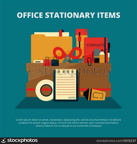 Office stationary collection. Business gadgets manager education supply folder paper book pen pencil stapler vector composition. Stationery office tools, pencil and eraser, tape and pen illustration. Office stationary collection. Business gadgets manager education supply folder paper book pen pencil stapler vector composition