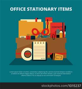 Office stationary collection. Business gadgets manager education supply folder paper book pen pencil stapler vector composition. Stationery office tools, pencil and eraser, tape and pen illustration. Office stationary collection. Business gadgets manager education supply folder paper book pen pencil stapler vector composition