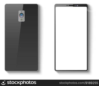 Office stationery. Realistic smartphone. Empty interface screen. Front and back view of modern mobile device. Phone black design. Business gadget. Cellular communication. Vector isolated objects set. Office stationery. Realistic smartphone. Empty interface screen. Front and back view of mobile device. Phone design. Business gadget. Cellular communication. Vector isolated objects set