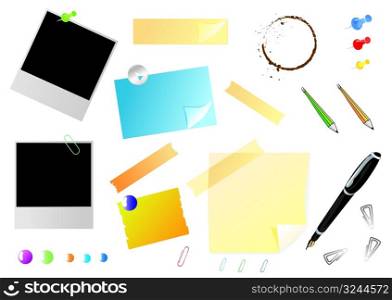 Office stationery set with photos, stickers and pins, vector illustration