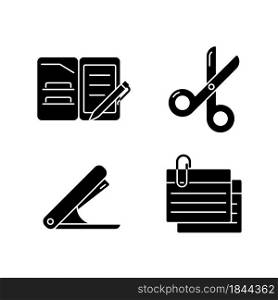 Office stationery supplies black glyph icons set on white space. Portfolio folder. Scissors for paper cutting. Stapling device. Index cards. Silhouette symbols. Vector isolated illustration. Office stationery supplies black glyph icons set on white space