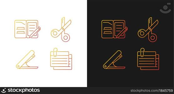Office stationery supplies gradient icons set for dark and light mode. Tools for studying. Thin line contour symbols bundle. Isolated vector outline illustrations collection on black and white. Office stationery supplies gradient icons set for dark and light mode