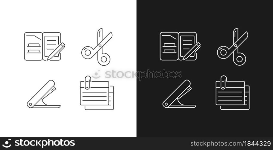 Office stationery supplies linear icons set for dark and light mode. Portfolio folder. Scissors. Stapling device. Customizable thin line symbols. Isolated vector outline illustrations. Editable stroke. Office stationery supplies linear icons set for dark and light mode