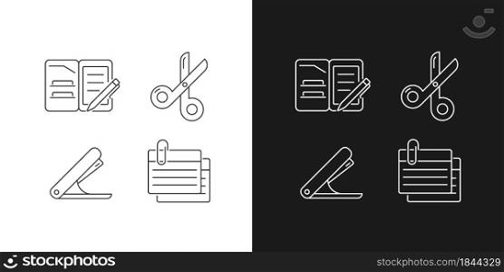 Office stationery supplies linear icons set for dark and light mode. Portfolio folder. Scissors. Stapling device. Customizable thin line symbols. Isolated vector outline illustrations. Editable stroke. Office stationery supplies linear icons set for dark and light mode