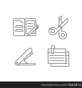 Office stationery supplies linear icons set. Portfolio folder. Scissors. Stapling device. Index cards. Customizable thin line contour symbols. Isolated vector outline illustrations. Editable stroke. Office stationery supplies linear icons set