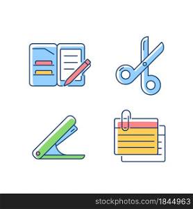 Office stationery supplies RGB color icons set. Portfolio folder. Scissors for paper cutting. Stapling device. Index cards. Isolated vector illustrations. Simple filled line drawings collection. Office stationery supplies RGB color icons set