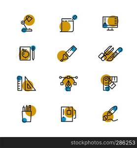 Office stationery thin line icons collection. Set of drawing color tools. Vector illustration. Office stationery thin line icons collection