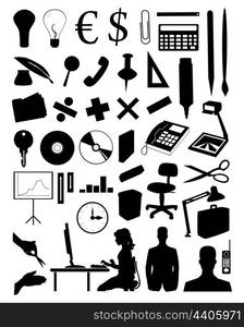 Office subjects. Silhouettes of various office subjects and people