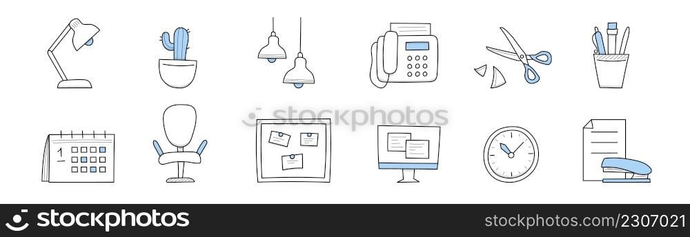 Office supplies and stuff doodle icons. Cactus in pot, table and ceiling lamps, fax machine, scissors, pens or pencils, calendar, armchair, board with sticks, clock or stapler Line vector illustration. Office supplies or stuff doodle icons isolated set