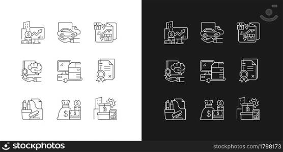 Office supplies and technical equipment linear icons set for dark and light mode. Company owned vehicles. Customizable thin line symbols. Isolated vector outline illustrations. Editable stroke. Office supplies and technical equipment linear icons set for dark and light mode