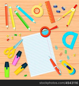 Office Supplies Background. Office supplies background with pencils tape ruler pushpins markers protractor pen scissors compass paperclips magnifier paper vector illustration